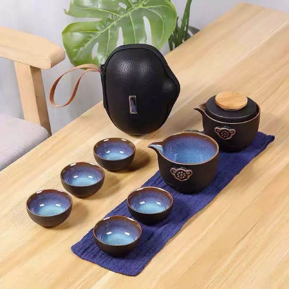 Unique Travel Hand-Held Tea Set With Case (5 Teacups) 2 Travel Hand-Held Tea Set With Case (Black Pottery) 5 Teacups