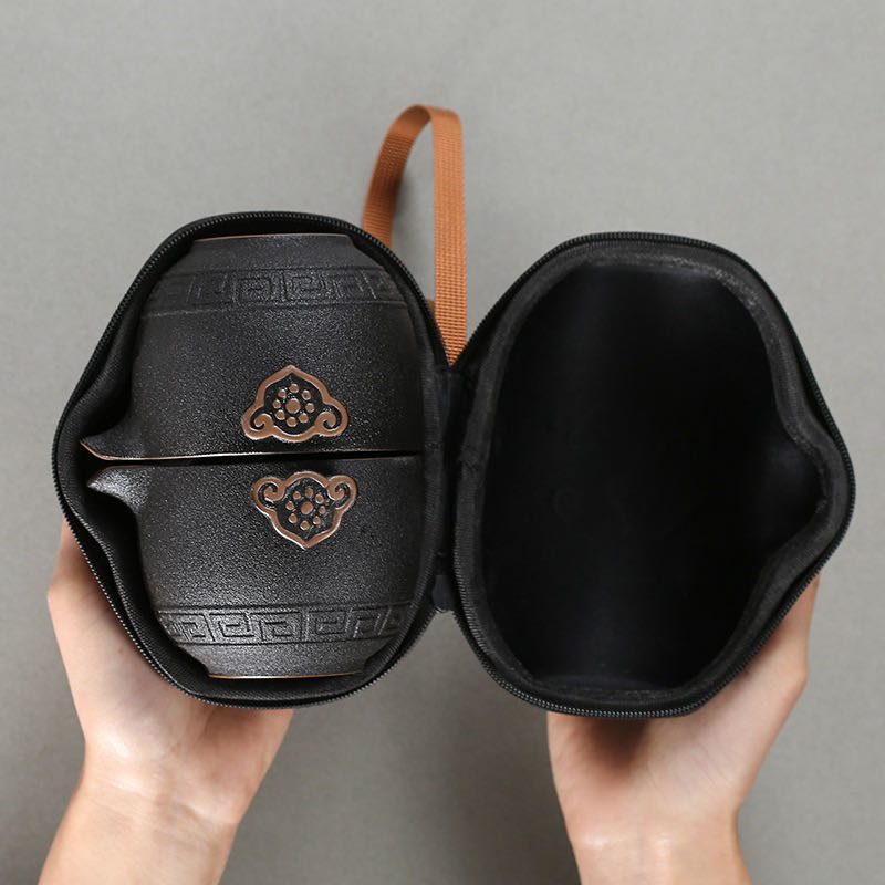 Unique Travel Hand-Held Tea Set With Case (5 Teacups) 1 Travel Hand-Held Tea Set With Case (Black Pottery) 5 Teacups